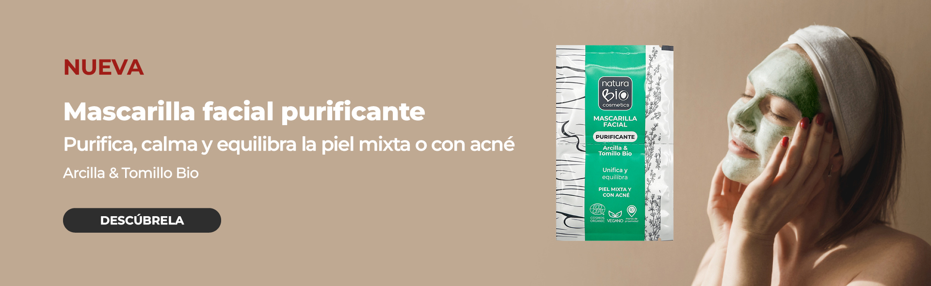 Imagen de madre e hija el primer día del cole con texto sobre fondo claro "Vuelta al cole y a la oficina con NaturaBIO Cosmetics: cuida de ti y de tu familia con cosmética natural certificada". Incluye un botón con enlace con el texto "Compra ahora"